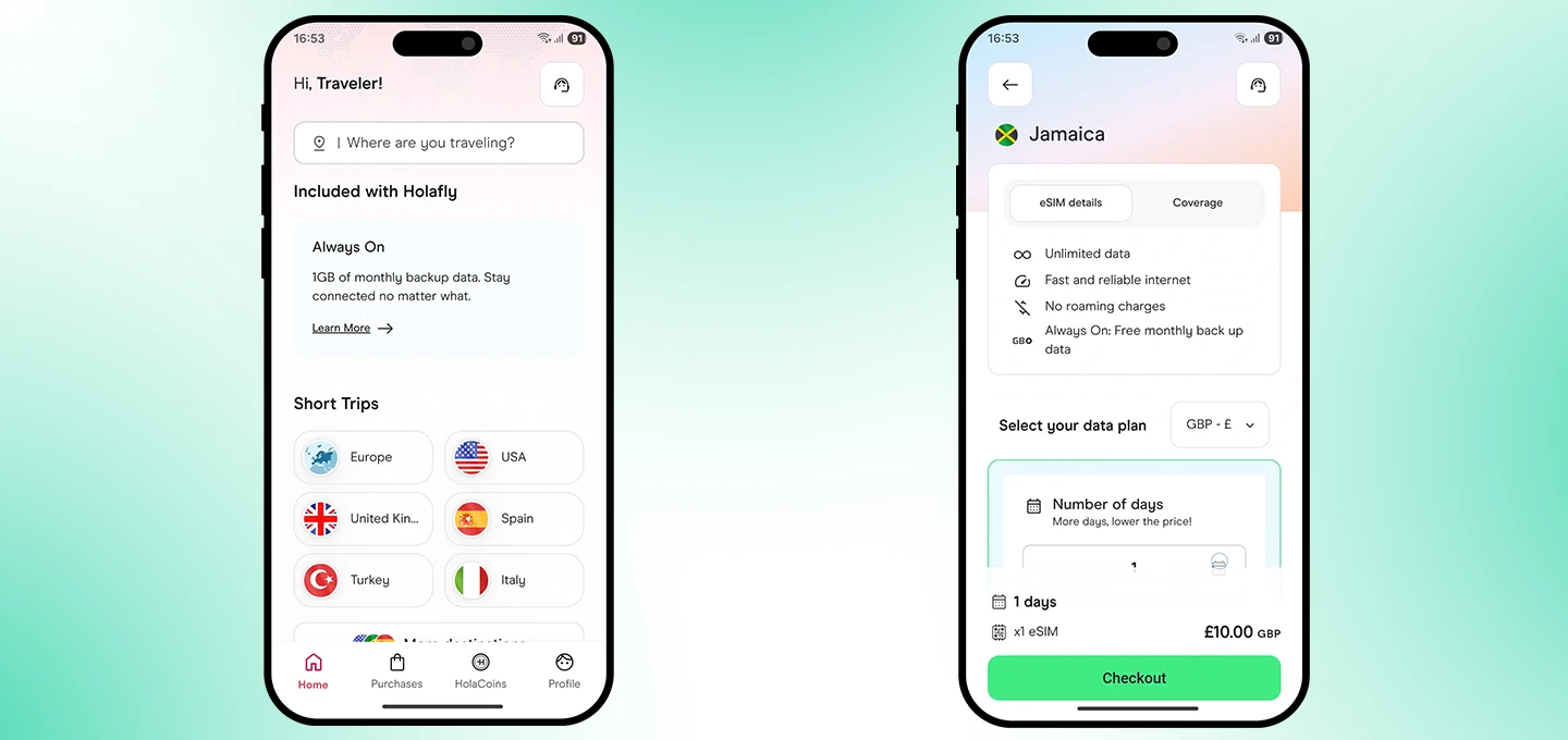 Holafly mobile application interface showing home and eSIM data plan screens